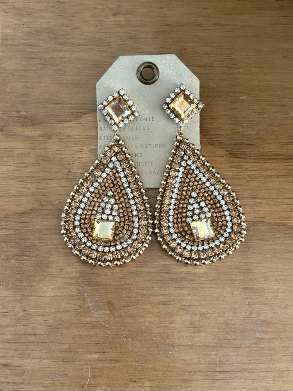 Anthropologie Gold Teardrop Crystal Statement Earrings